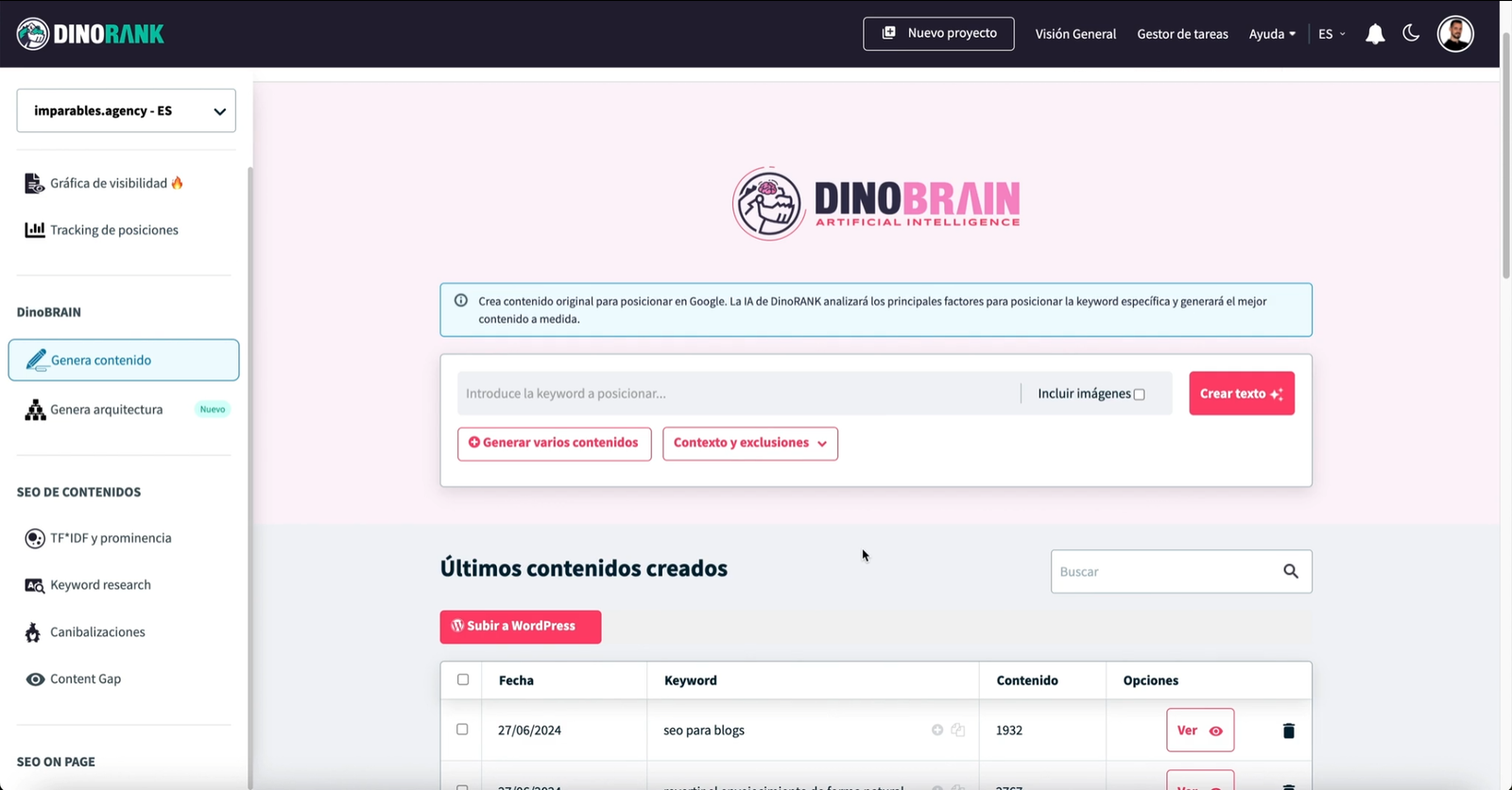 Ejemplo de generación de contenido de DinoBrain